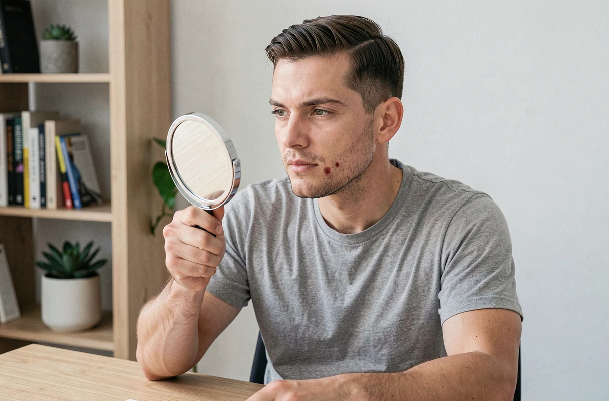 Homme examinant un bouton sur sa mâchoire avec un miroir grossissant dans un bureau à domicile minimaliste