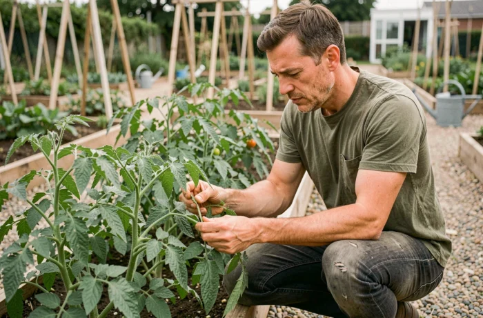 Homme inspectant les feuilles de tomates buissonnantes sans tuteur dans un jardin partagé