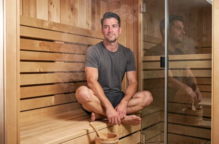 Homme en méditation dans un sauna infrarouge moderne en bois de cèdre avec seau et louche traditionnels visibles au premier plan
