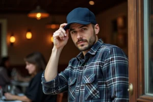 Homme retirant sa casquette en entrant dans un restaurant, geste de politesse en intérieur