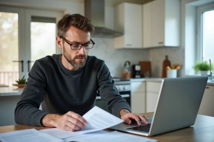 Un homme en pull gris consulte des documents contractuels et son ordinateur portable à la table de sa cuisine, expression préoccupée
