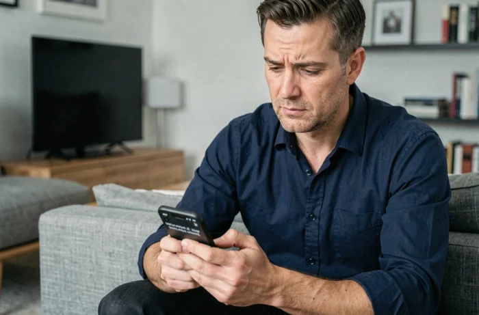 Homme consultant son smartphone avec un message d'erreur sur une application indisponible dans un salon moderne