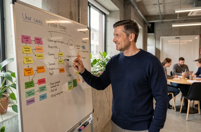 Homme devant un tableau blanc avec des listes de tâches organisées dans un espace de coworking moderne