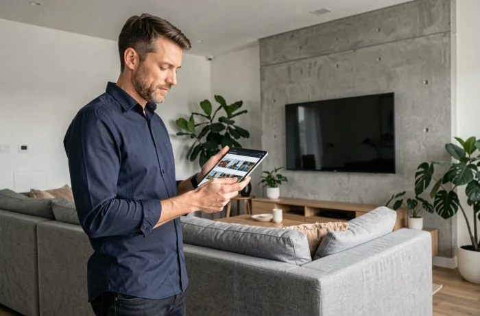 Homme consultant une bibliothèque de contenus en ligne sur une tablette dans un salon moderne