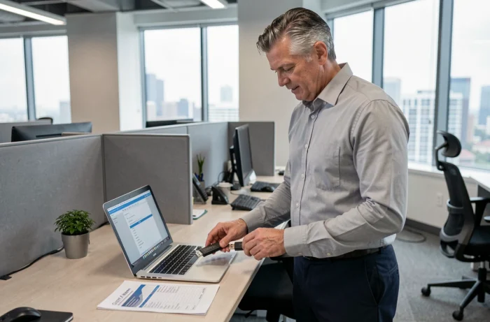 Homme transférant ses documents professionnels avant de quitter son entreprise pour un nouvel employeur