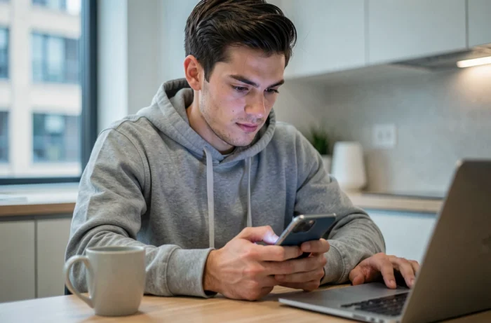 Jeune homme effectuant un transfert d'argent Western Union en ligne via smartphone