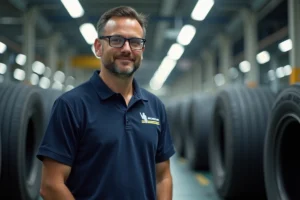 Ingénieur Michelin en polo bleu marine dans une usine de fabrication de pneumatiques moderne
