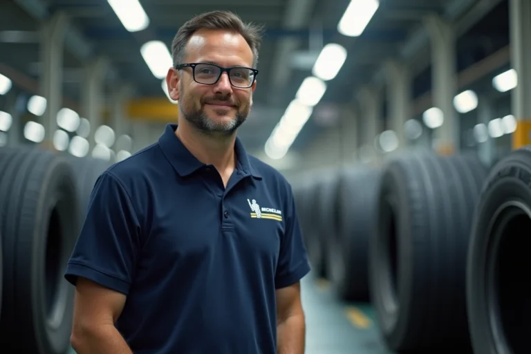 Ingénieur Michelin en polo bleu marine dans une usine de fabrication de pneumatiques moderne