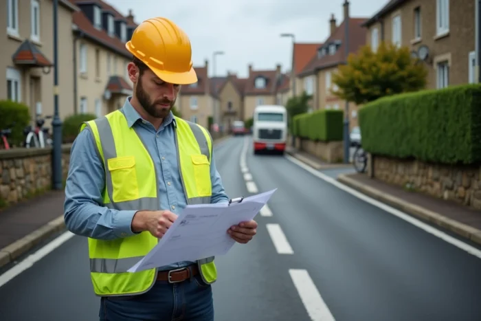 Ingénieur municipal supervisant la réfection des marquages au sol sur une voirie communale