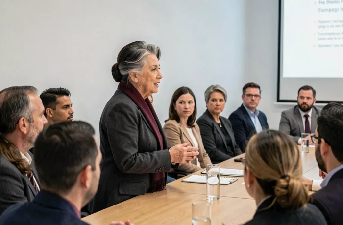 Femme politique s'exprimant lors d'une réunion professionnelle, entourée de participants attentifs, symbolisant l'engagement public et militant d'Ingrid Betancourt