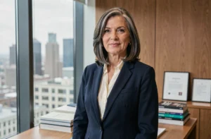 Femme politicienne élégante dans la soixantaine posant dans un bureau moderne avec vue sur la ville, évoquant le parcours et l'engagement civique d'Ingrid Betancourt