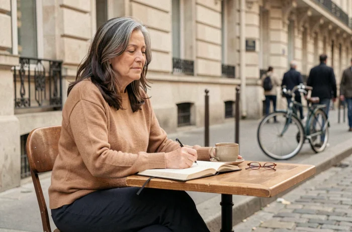 Femme dans la soixantaine en terrasse de café parisien, carnet ouvert devant elle, illustrant la vie privée et intellectuelle d'Ingrid Betancourt à Paris