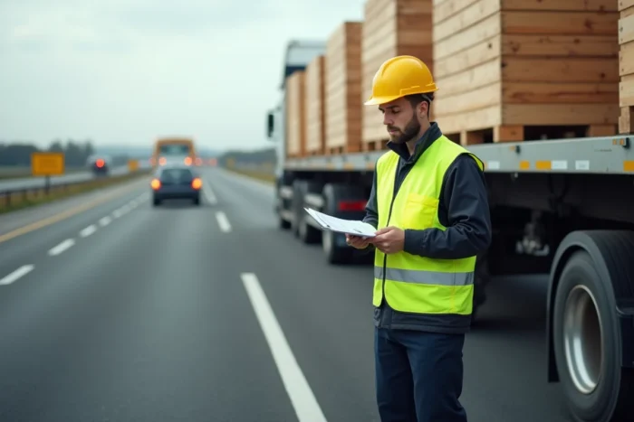 Inspecteur des transports vérifiant la conformité réglementaire d'une remorque plateau sur le bord d'une route nationale