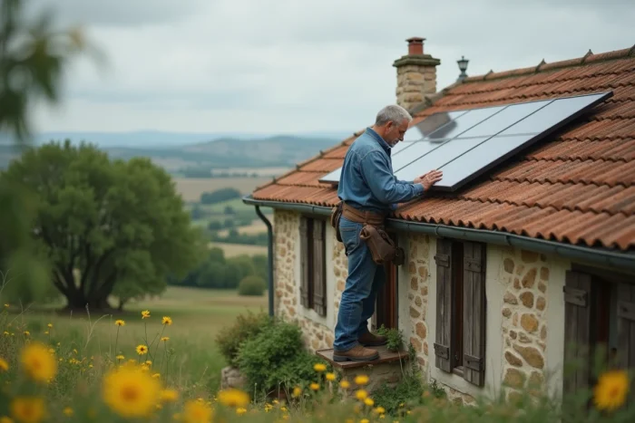 Homme installant des panneaux solaires sur le toit d'une maison rurale éco-responsable entourée de nature