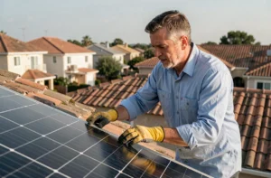 Technicien installant des panneaux solaires sur un toit de maison individuelle en zone résidentielle