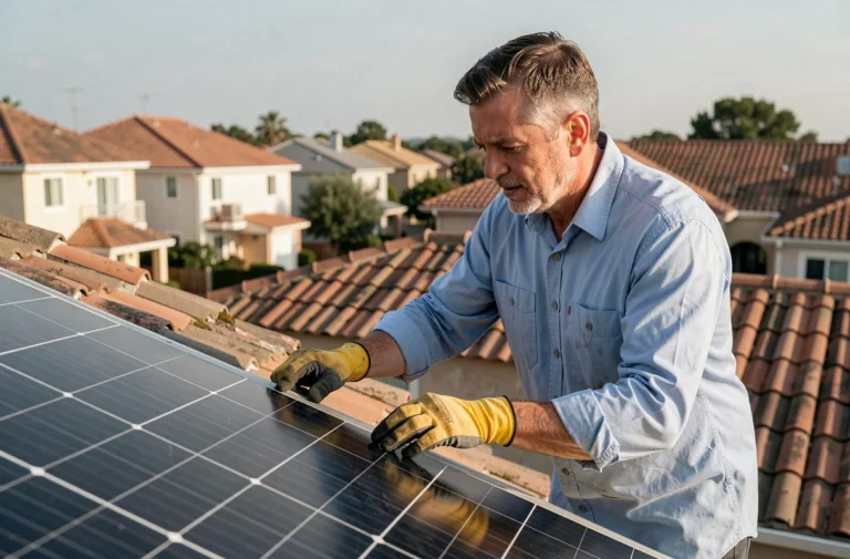 Technicien installant des panneaux solaires sur un toit de maison individuelle en zone résidentielle