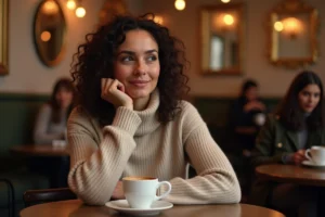 Femme brune souriante dans un café parisien évoquant une confidence intime sur un couple célèbre