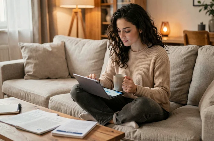 Jeune femme accédant à ses documents personnels My People Docs depuis une tablette à domicile