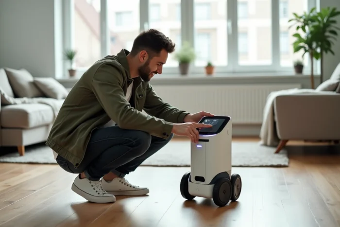 Jeune homme interagissant avec un robot domestique intelligent dans un salon contemporain
