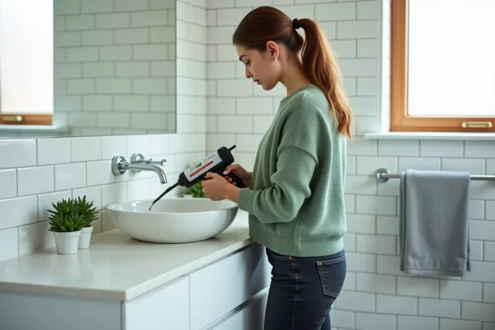 Femme appliquant du joint silicone autour d'un lavabo de salle de bain blanche, astuce renovation et etancheite maison