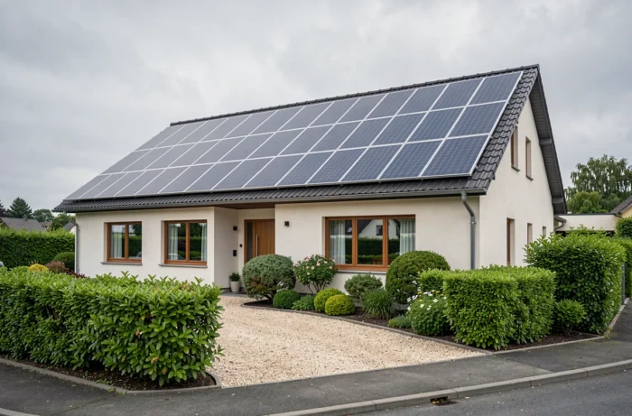 Maison individuelle moderne équipée de panneaux solaires intégrés au toit pour une production d'énergie renouvelable