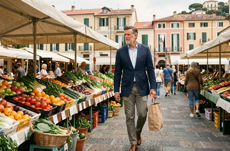 Homme élégant faisant ses courses au marché local de Monaco dans le quartier de la Condamine