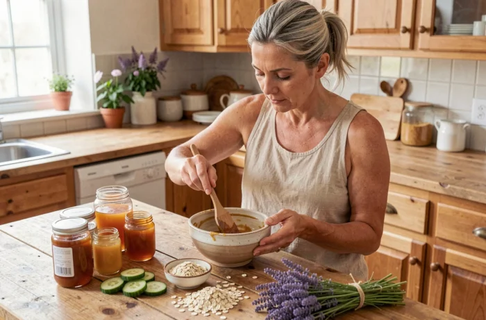 Femme préparant un masque visage maison avec des ingrédients naturels comme le miel et la lavande dans une cuisine rustique