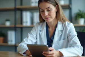 Médecin femme consultant la revue Else sur une tablette dans un cabinet médical moderne