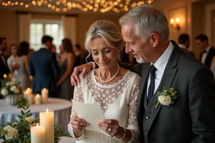 Mère de la mariée lisant un message de félicitations lors de son mariage, moment émouvant en intérieur