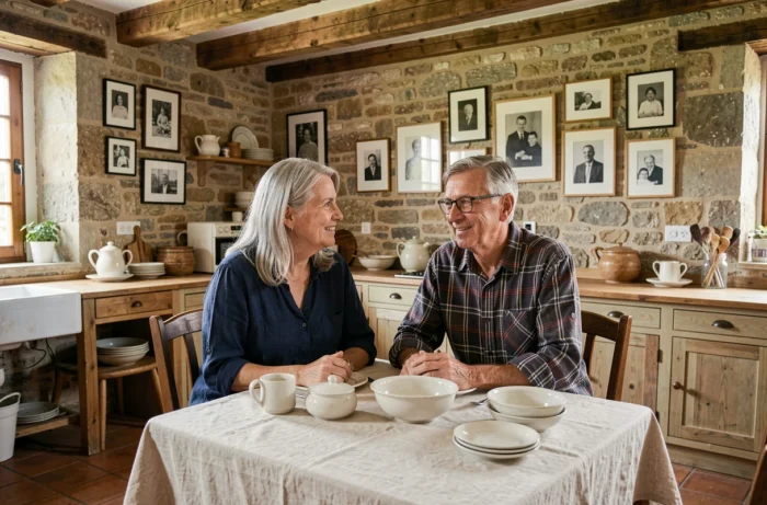 Couple de parents français assis dans une cuisine rustique de campagne entourée de portraits de famille en noir et blanc, symbolisant les racines et le milieu familial d'Aurore Malval
