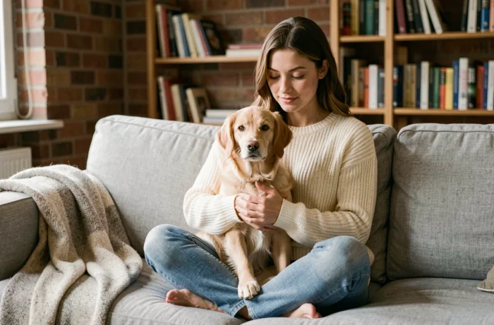 Femme tenant un mini golden retriever sur ses genoux dans un salon cosy avec canapé en lin gris