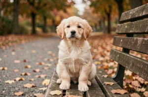Mini golden retriever assis sur un banc en bois entouré de feuilles d'automne dans un parc