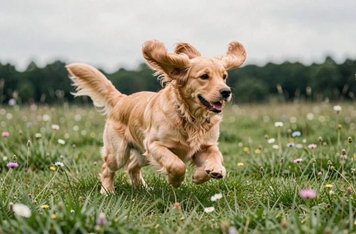 Mini golden retriever en train de courir dans une prairie verte lors d'une session de jeu en extérieur
