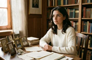 Jeune femme française étudiant des photographies de famille et des documents anciens dans une bibliothèque familiale, évoquant les origines et le parcours d'Aurore Malval