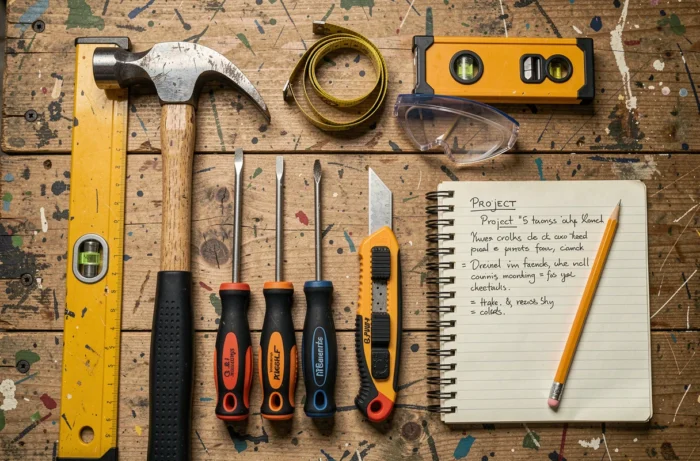 Vue aérienne d'un ensemble d'outils de bricolage posés sur une table en bois pour un projet de rénovation maison
