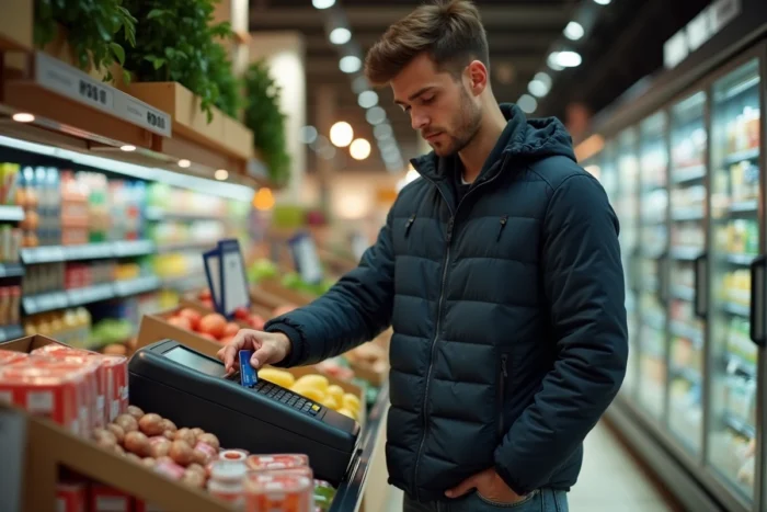 Jeune homme utilisant une carte prépayée pour un paiement sans contact à la caisse d'un supermarché