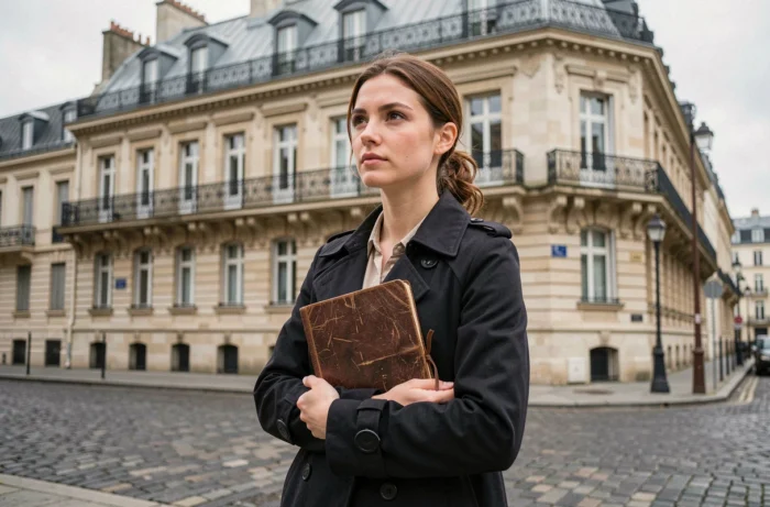 Jeune femme française pensive devant une façade haussmannienne parisienne tenant un journal, illustrant le parcours culturel et les influences urbaines d'Aurore Malval