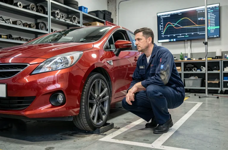 Technicien automobile effectuant un passage au banc de puissance sur une voiture rouge dans un garage de tuning professionnel