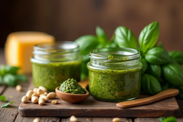 Pot de pesto maison ouvert avec basilic frais, pignons de pin et parmesan sur une table en bois, ingrédients à vérifier pendant la grossesse