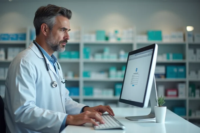 Pharmacien masculin accédant à une revue médicale en ligne via un portail professionnel de santé