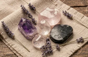 Pierre naturelles anti-anxiété : améthyste, quartz rose et tourmaline noire disposées sur tissu de lin avec lavande séchée