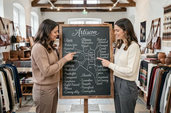 Deux femmes consultant un plan de site artisanal écrit à la craie dans un marché d'artisanat intérieur