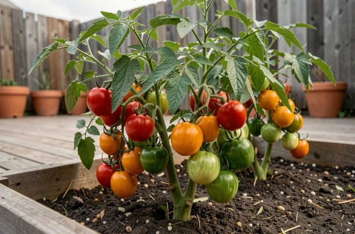 Plants de tomates compactes sans tuteur en bac surélevé avec fruits à différents stades de maturité