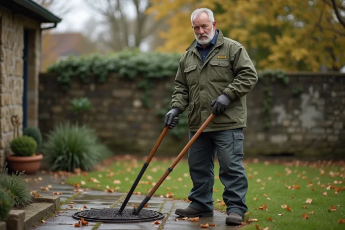 Plombier expérimenté utilisant des tiges de débouchage pour dégager une canalisation extérieure dans un jardin résidentiel