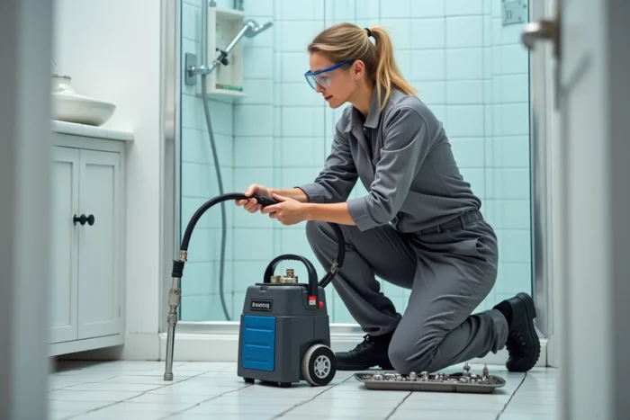 Plombière professionnelle utilisant un nettoyeur haute pression pour déboucher une canalisation de douche