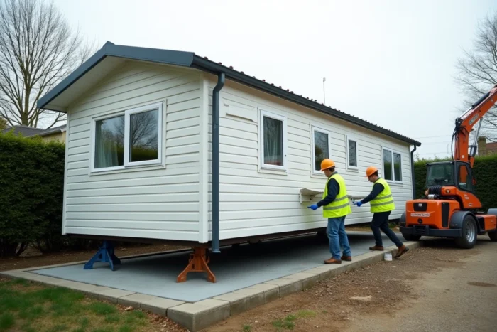 Pose d'un mobil home sur dalle béton par des professionnels sur terrain privé