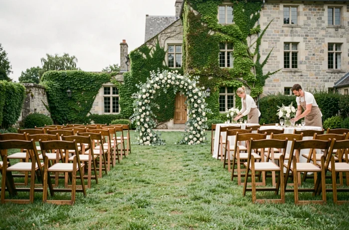 Préparation d'un lieu de mariage en plein air avec chaises en bois, arche florale et décoration de tables sur une pelouse verte