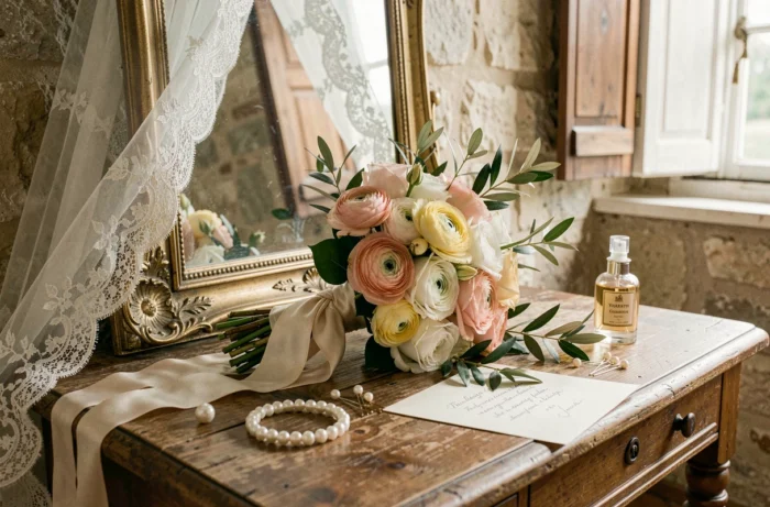 Coin de préparation de mariée avec bouquet de roses, voile en dentelle et accessoires vintages sur une coiffeuse en bois