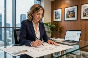 Professionnelle de l'immobilier analysant des plans et tendances du marché dans un bureau moderne