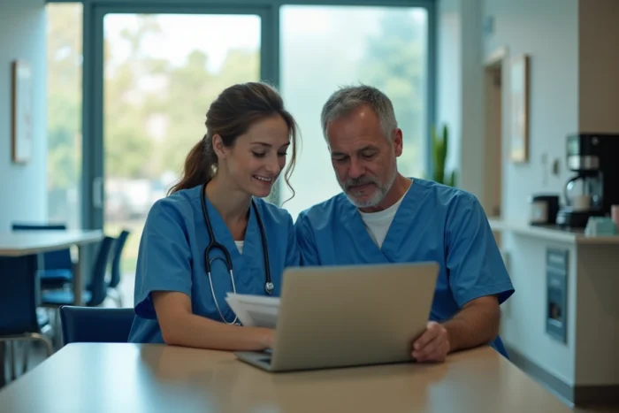 Deux professionnels de santé consultant ensemble une revue médicale numérique sur un ordinateur portable à l'hôpital